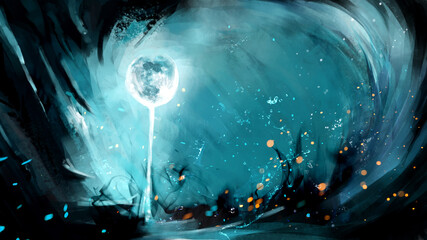A bright glowing moon in a blue sky. The sharp stone cliffs of the cave shine blue. a black flame is burning on the ground. sparks and splashes of water fly in the air in the moonlight.2d art