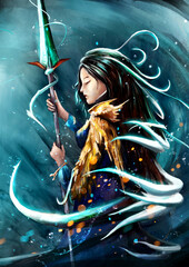 Fototapety  a girl with long glowing hair holds a sharp magic spear in her hands. she wears a golden dragon skin, and magic sparks fly in the air. a bright blue moon shines on the sharp rocks of the cave.2d art
