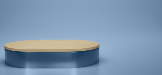 Shiny purple with wood oval pedestal or podium in studio backdrops. Purple melallic oval. Blank display or clean room for showing product. Copy space. Minimalist mockup for showcase. 3D rendering.