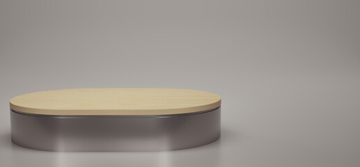 Shiny purple with wood oval pedestal or podium in studio backdrops. Purple melallic oval. Blank display or clean room for showing product. Copy space. Minimalist mockup for showcase. 3D rendering.