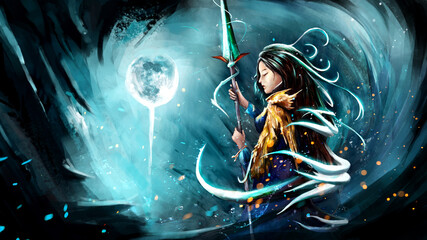 Naklejka premium a girl with long glowing hair holds a sharp magic spear in her hands. she wears a golden dragon skin, and magic sparks fly in the air. a bright blue moon shines on the sharp rocks of the cave.2d art