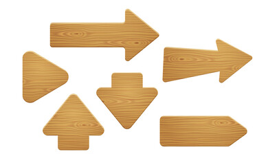 Wooden arrow signs, wood boards for direction guide. Vector realistic set of timber guideposts for rural landscape, road, traffic pointers. Blank planks in arrow shape, game buttons
