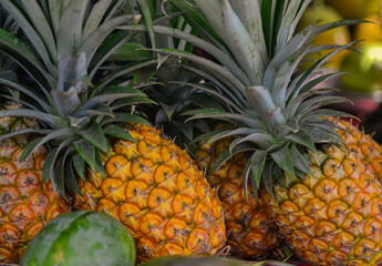 Bright pineapple close up in the market on Bali
