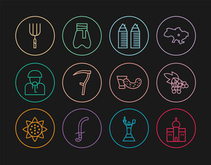 Set line Church building, Branch viburnum, Two towers Dnipro, Scythe, Ukrainian cossack, Garden pitchfork, Glass with vodka and Cossack pants icon. Vector