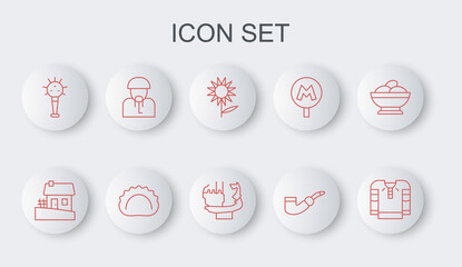 Set line Embroidered shirt, Ukrainian house, Sunflower, Smoking pipe, Mace, cossack, Dumplings and Monument to founders of Kiev icon. Vector