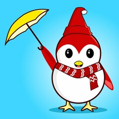 Cute penguin carrying umbrella in winter. isolated summer animal
