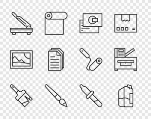 Set line Paint brush, Printer ink bottle, Business card, Paper cutter, File document, Pipette and Copy machine icon. Vector