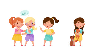 Honest and fair children set. Girl accusing her friends of lying cartoon vector illustration