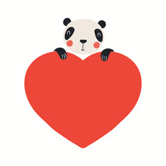 Cute funny panda holding a big heart, isolated on white. Hand drawn vector illustration. Scandinavian style flat design. Concept for kids Valentines day card, holiday print, invite, gift tag, poster.