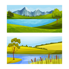 Beautiful summer landscape set. Scenic nature scenes with lake, mountain and hills vector illustration