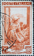 Italy - circa 1950: a postage stamp from Italy showing die Orange Harvest, Monte Pellegrino (Sicily)