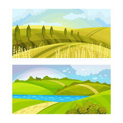 Obraz premium Beautiful summer landscape set. Scenic nature scenes with lake and green hills vector illustration