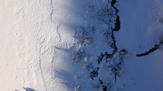 Survol drone vertical d&rsquo;une rivi&egrave;re qui serpente dans une for&ecirc;t enneig&eacute;e. Paysage d&rsquo;hiver, neige, Jura.