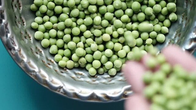 slow motion of dropping Fresh organic peas in a bowl ,