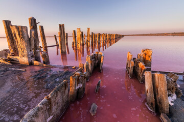 Salt on a pink salt lake at sunset. Pink Salt Lake Hutt Lagoon.