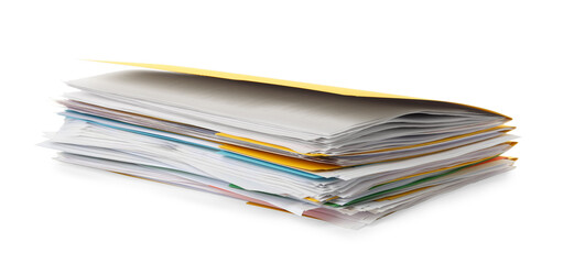 Stack of different files with documents on white background