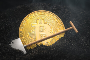 Bitcoin mining with shovel. Cryptocurrency mining concept. Isolated Physical BTC coin in smoke and...