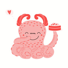 Cute pink monster holding a cake with hearts, isolated on white. Hand drawn vector illustration. Flat style design. Concept kids Valentines day card, holiday print, invite, gift tag, poster, banner.