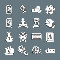 Set line Business podium, Startup project concept, Pie chart and dollar, Financial growth, Project team base, Light bulb with mobile, and Chess icon. Vector