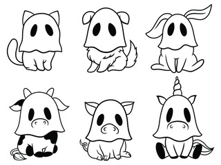 Set of ghost animals. Collection of cute Halloween animals in spooky spirit costume. Vector illustration for for postcards.