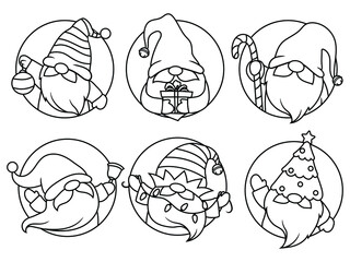 Set of gnomes frame. Collection of Christmas circle wreath with cute elves. Vector illustration for New Year postcard. Drawing for children.