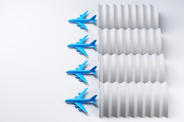 four aircraft in hangars with copy space