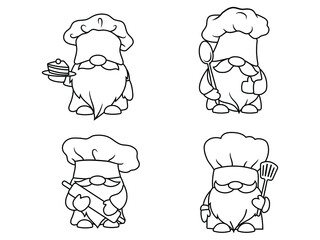 Set of garden cookes gnomes. Collection of cute holidays cooking elves with chef's hats. Vector illustration of baker gnomes on white background. Drawing for children.