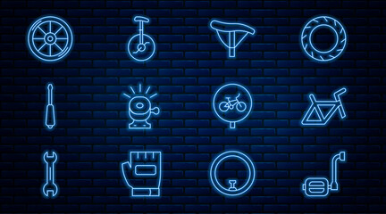 Set line Bicycle pedal, frame, seat, bell, Screwdriver, wheel, and Unicycle or one bicycle icon. Vector © vector_v