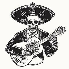 Cheerful Mexican skeleton musician with guitar