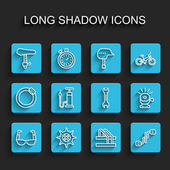 Set line Sport cycling sunglasses, Bicycle sprocket crank, seat, parking, pedals, air pump, bell and Wrench spanner icon. Vector