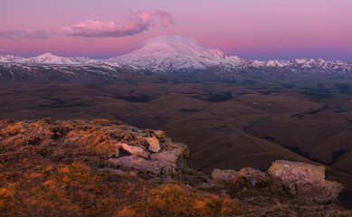 Russia, Caucasus Mountains, Kabardino-Balkaria. Snow-Covered Sleeping Volcano Elbrus At Daybreak.Epic View Of Elbrus From The Northeast Side. Highest Two-Peak Mountain In Russia And Europe - 480948339