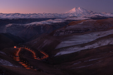 Russia, Caucasus Mountains, Kabardino-Balkaria. Snow-Covered Sleeping Volcano Elbrus At Daybreak, View From Plateau Shatzhatmaz.One Of The Seven Highest Peaks In All Parts Of The World.Caucasian Range - 480948340