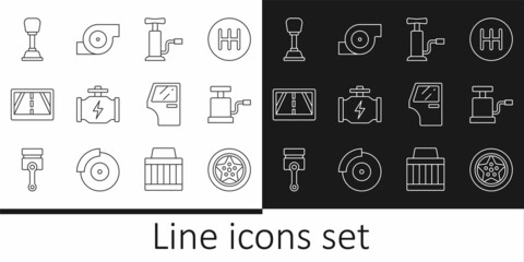 Set line Car wheel, air pump, Check engine, Gps device with map, Gear shifter, door and Automotive turbocharger icon. Vector