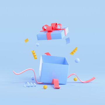 3d open gift box, minimal surprise package on blue background. 3d render illustration