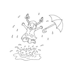 A little girl has fun jumping in the puddles in the rain. Fun, emotion. Rain. Puddles. Umbrella. Happy child on a walk. Doodle. Drawn by hand. Sketch. Silhouette. Black and white. Contour. Coloring.