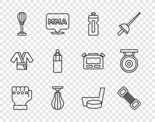 Set line MMA glove, Chest expander, Fitness shaker, Punching bag, Ice hockey stick puck and Gong icon. Vector