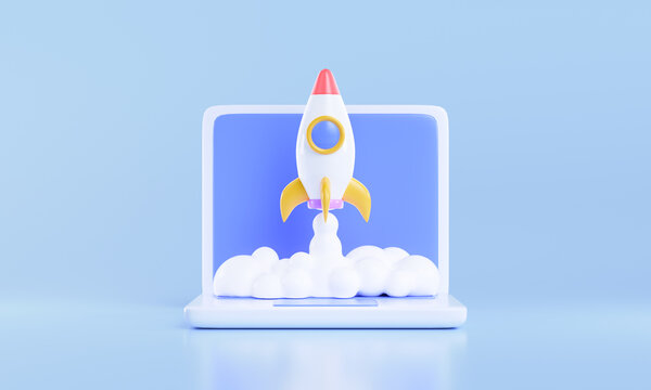 Rocket Launch On Laptop, Flying Rocket Icon, Business Startup Project Concept. 3d Render Illustration