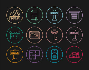 Set line Warehouse, Hanging sign with text Sold, Rent, Online real estate, Market store, House key and contract icon. Vector