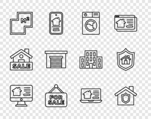Set line Online real estate house, House with shield, Washer, Hanging sign For Sale, plan, Garage, and icon. Vector