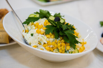 Vegetable vitamin salad. Lettuce appetizer on the festive table.