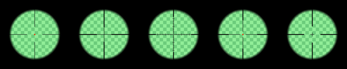Gun viewfinder set. Sniper, hunting scope with night vision on a transparent background. Distance zoom. Vector illustration.