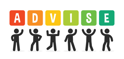 People standing together and holding advise sign banner isolated on white background.