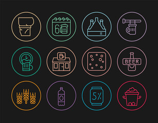 Set line Ice bucket, Beer bottle, Pack of beer bottles, Store building shop, Happy hour, belly, bubbles and Saint Patricks day calendar icon. Vector