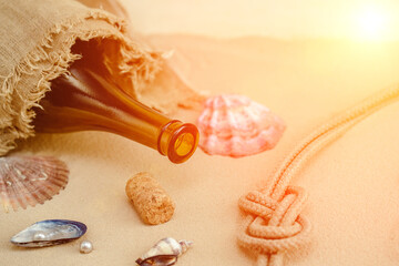 Seafood on a background of sand. Background about sea, ocean or tourism. About sailors, captains,...