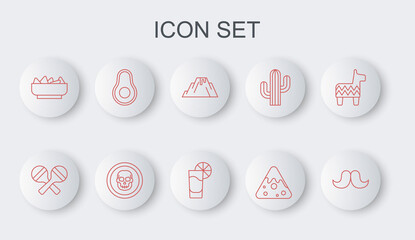 Set line Mustache, Maracas, Volcano eruption with lava, Nachos, in bowl, Avocado fruit, Mexican skull coin and Tequila glass lemon icon. Vector