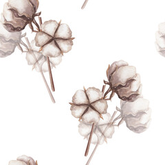 Watercolor seamless pattern with cotton plant. Print with botanical elements.