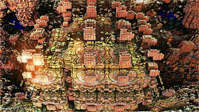 3d animation of small nested and stacked cubes in a gigantic cubic world, with light reflections and rays