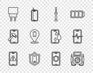 Set line Mobile with exclamation mark, Multimeter, Screwdriver, shield, Charger, Phone repair service, and icon. Vector