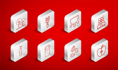 Set line Apple, Garden rake, Udder, Windmill, Seeds, Tree, Can container for milk and Carrot icon. Vector