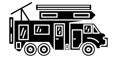 Motorhome, recreational vehicle, camping trailer, family camper. Solar panel on the roof. Vector icon, glyph, silhouette, isolated